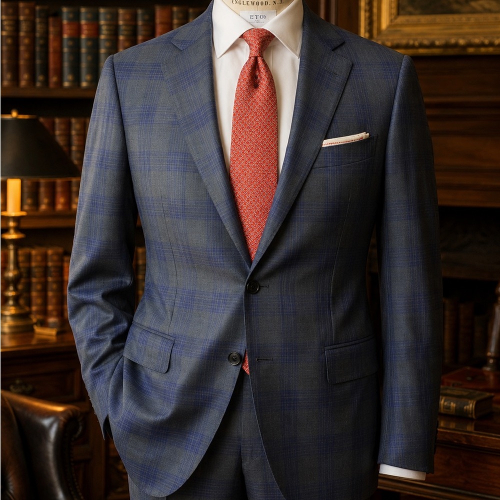 Isaia Blue Plaid Suit + Coral Salvatore Ferragamo Tie